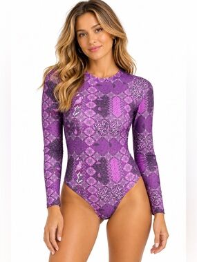RUSTY Swim One Piece Long Sleeve Surf Suit Size L NEW Purple Floral